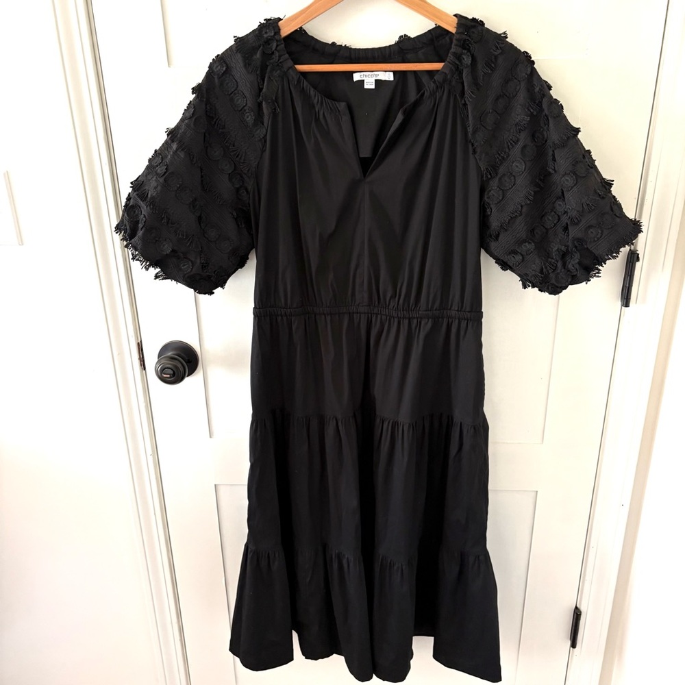 Chico's Black Poplin Fringe Midi Dress Size 10/Chico’s 1.5.